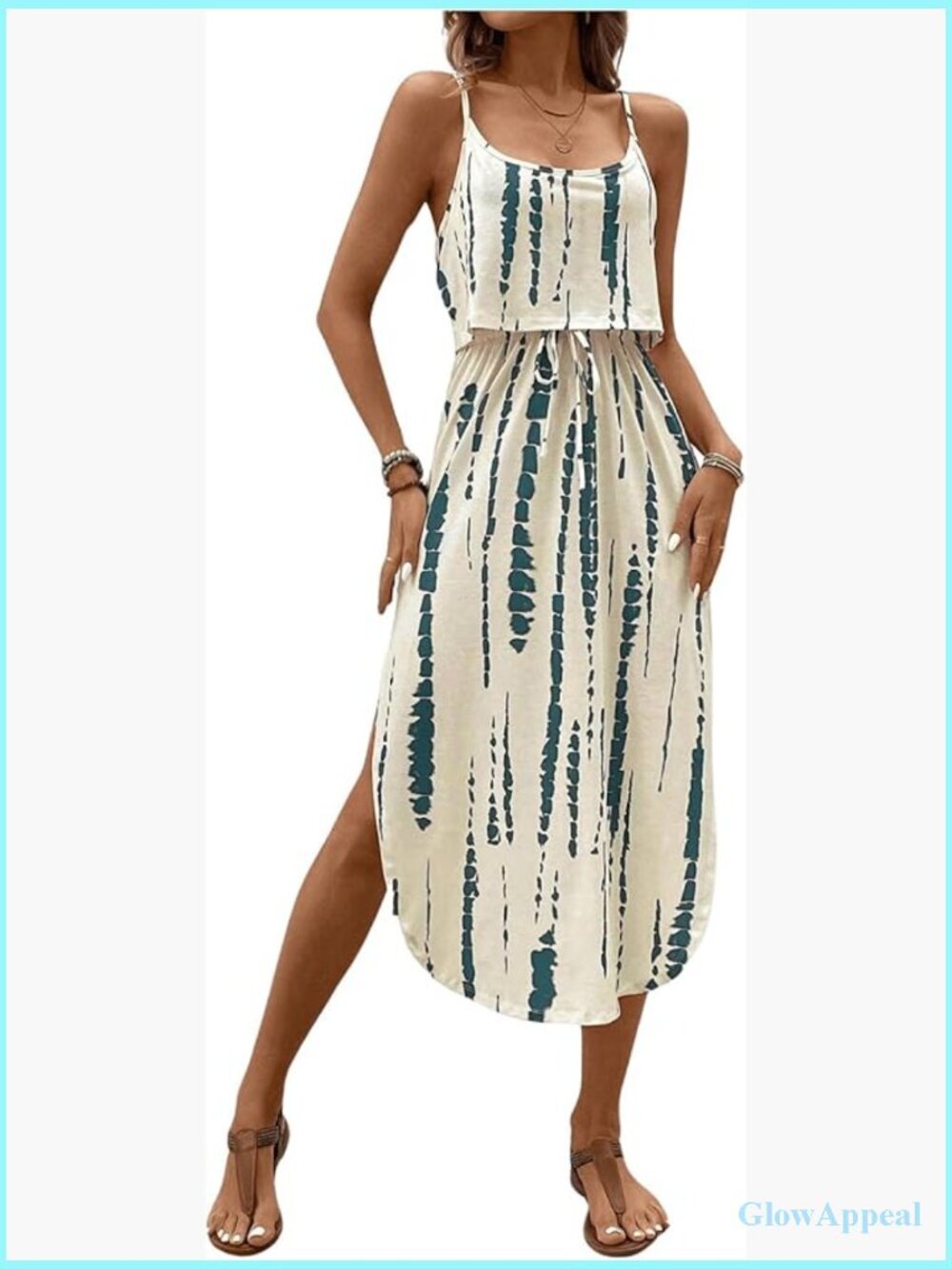 Spaghetti Strap Tie Dye Midi Dress Scoop Neck Split Thigh Beach Vacation